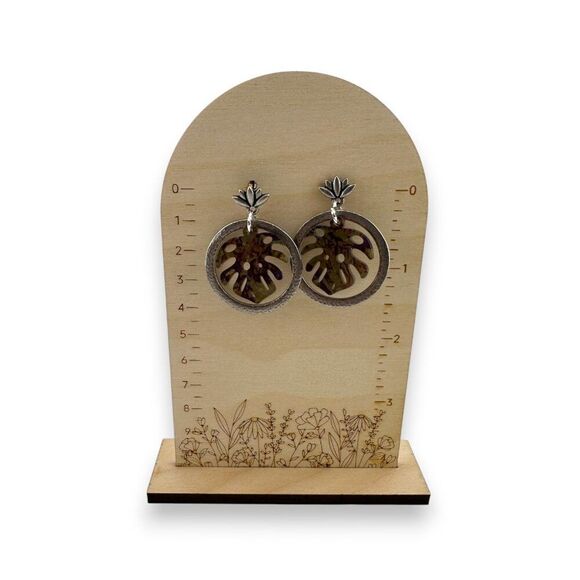 Faux Abalone Monstera Leaf Hammertone Hoop Earrings Lotus Posts - Picture 5 of 13